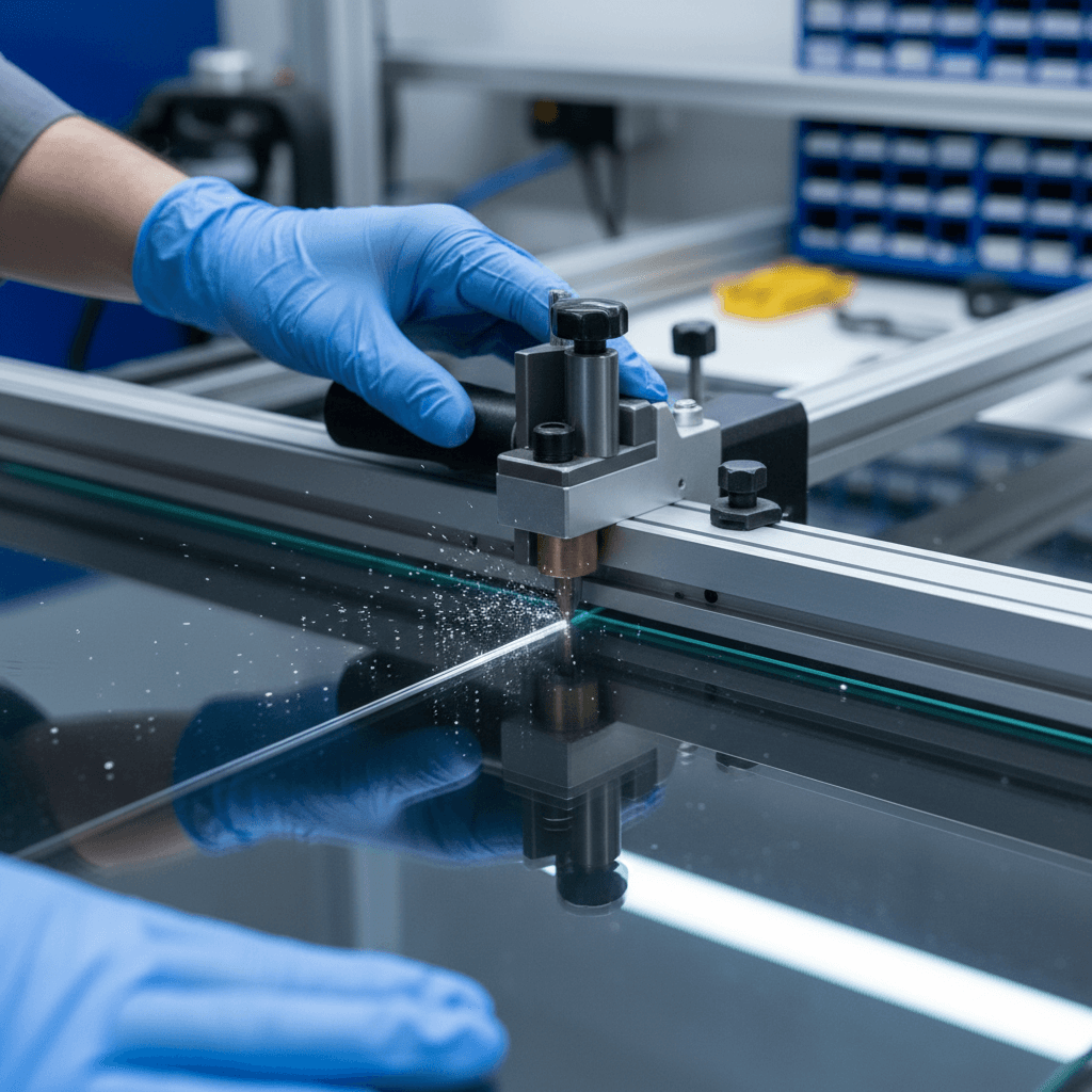 Skilled technician's hands operating precision glass cutting machine with sharp focus on cutting blade and glass surface