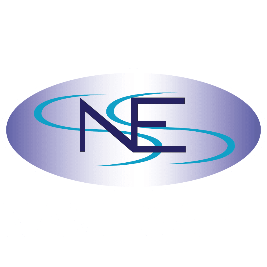 Connected dark blue letters NE over teal swooshing lines on a purple gradient oval background.